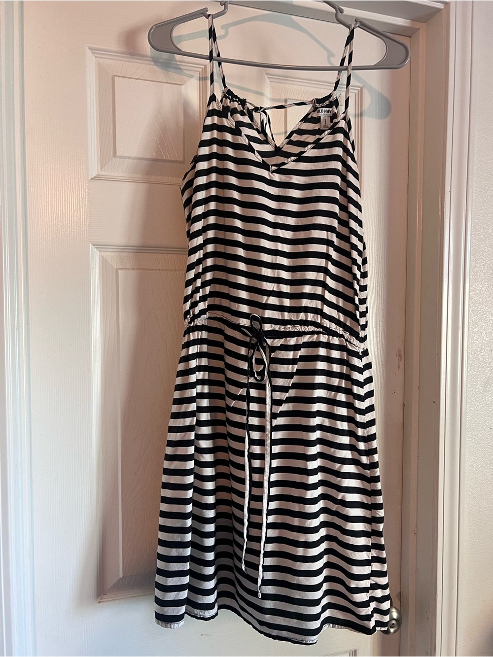 Old Navy Black & White Striped Tie-Waist Sundress